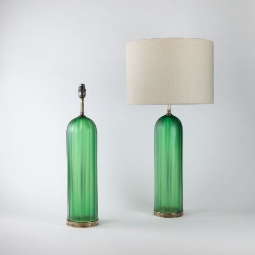Pair Of Medium Green Cut Glass Dome Topped Cylinder Lamps On Antique Brass Bases (T8275)
