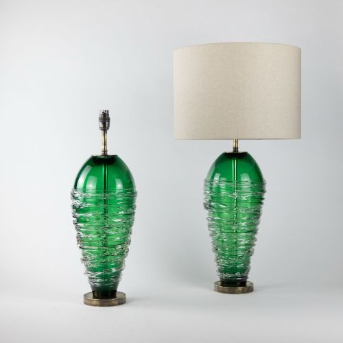 Pair Of Large Green Glass 'Candy Floss' Lamps On Antique Brass Bases (T8276)