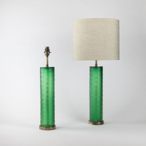 Pair Of Small Green Glass 'Rolo' Lamps On Antique Brass Bases (T8278)
