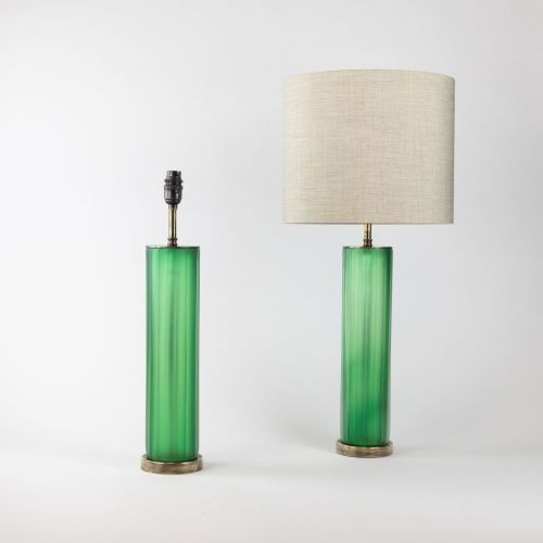 Pair Of Small Green Cut Glass Cylinder Lamps On Antique Brass Bases (T8279)