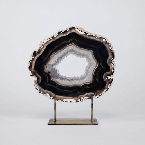 Large Black Agate On Antique Brass Stand (T8381)