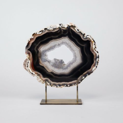 Large Black Agate On Antique Brass Stand (T8383)
