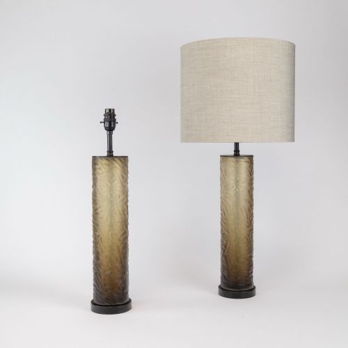 Pair Of Small Light Brown Cut Glass 'Cylinder' Lamps On Brown Bronze Bases (T8397)