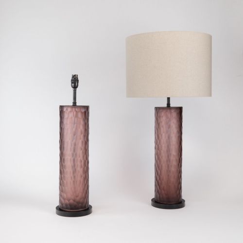 Pair Of Medium Tall Pink Cut Glass Cylinder Lamps On Brown Bronze Bases (T8400)