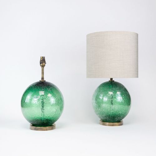 Pair Of Small Green Bubble Glass 'Ball' Lamps On Antique Brass Bases (T8403)