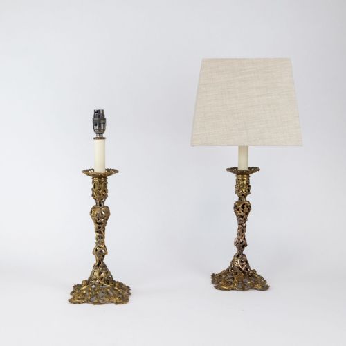 Pair Of C.1780 Rare Bronze Candle Sticks Converted To Lamps With Worn Finish (T8405)