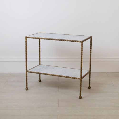 Wrought Iron Two Tier Rope Twist Side Table In Distressed Gold Finish With Marble Top (T8443)