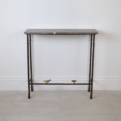 Wrought Iron Bird And Bowl Console Table In Brown Bronze Painted Finish With Gold Highlights And Marble Top (T8445)