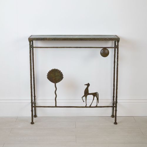 Wrought Iron Horse And Tree Console Table In Verdigris Finish With Marble Top (T8446)