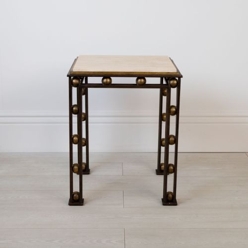 Wrought Iron Square Ball Bearing Side Table In Brown Bronze Painted Finish With Gold Highlights And Marble Top (T8447)