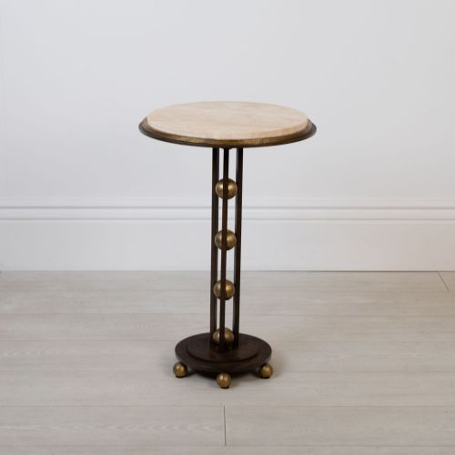 Wrought Iron Round Ball Bearing Side Table In Brown Bronze Painted Finish With Gold Highlights And Marble Top (T8448)