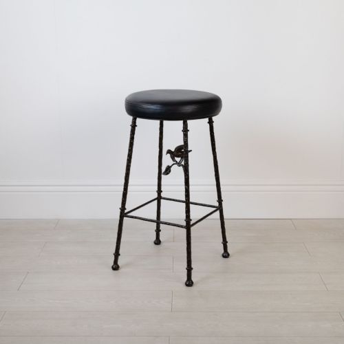 Wrought Iron Tapered Bar Stool With Bird In Brown Bronze Painted Finish With COM Cushion (T8452)