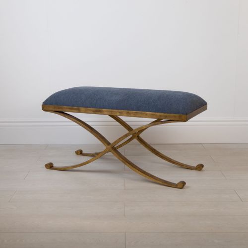 Large Wrought Iron 'Criss Cross' Stool In Distressed Gold Leaf Finish With Blue Fabric Cushion (T8456)