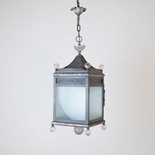 French Silver Leaf Finished Lantern With Frosted Glass And Rock Crystal Ball Decoration (T8459)