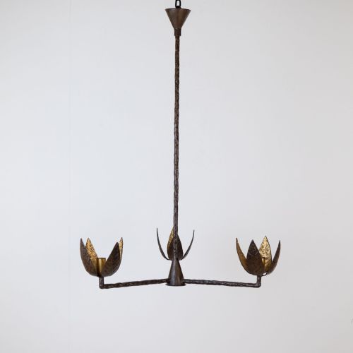 Wrought Iron 'Tulip' Hanging Light In Brown Bronze Painted Finish With Distressed Gold Highlights (T8480)