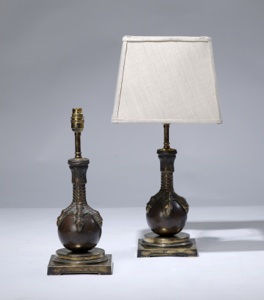 Pair Of Small Brown Antique Bronze 'ball & Claw'  Metal Lamps On Distressed Brass Bases (T3173)