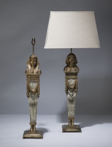 Pair Of Large Cream Gold Antique Wooden Egyptian Figure Lamps On Distressed Brass Bases (T3185)