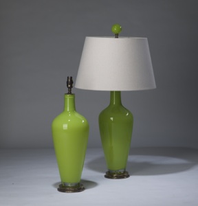 Pair Of Medium Grass Green 'standard' Glass Lamps On Distressed Brass Bases (T3298)