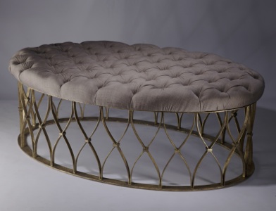 Wrought Iron Oval 'natalia' Ottoman In Distressed Gold Leaf Finish With Natural Linen Upholstery (T3447)