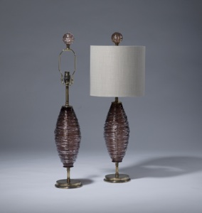 Pair Of Small Dusty Purple Brown Swirl Glass Lamps On Distressed Brass Bases (T3507)