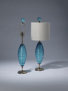 Pair Of Small Sky Blue Swirl Glass Lamps On Distressed Brass Bases (T3508)