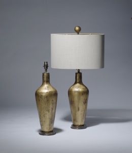 Pair Of Medium Gold Brown 'standard' Glass Lamps On Distressed Brass Bases With Matching Finials (T3515)