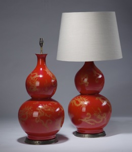 Pair Of Large Red Gold Chinese Double-gourd Ceramic Lamps On Distressed Brass Bases (T3519)