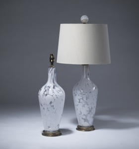 Pair Of Medium White Marbled Glass  'standard' Lamps On Distressed Brass Bases (T3529)