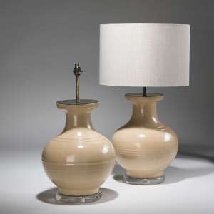 Pair Of Large Terracotta Cream Colours Ceramic Lamps On Distressed Brass Bases (T3772)