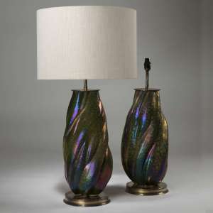 Pair Of Large Opal Glazed Twisted Flame Ceramic Lamps On Brass Bases (T3926)