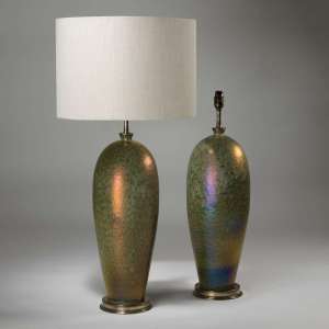 Pair Of Tall Green Ceramic Glazed Lamps On Brass Bases (T3930)
