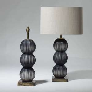 Pair Of Small Black Stacked Blown Glass Balls On Square Brass Bases (T3965)