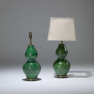 Pair Of Small Green Ceramic Double Gourd Lamps On Brass Bases (T4016)