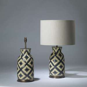 Pair Of Medium Dark Grey And Beige Ceramic Aztec Lamps On Round Brass Bases (T4159)