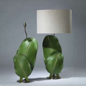 Pair Of Large Green Wooden Leaf Lamps On Round Brass Bases (T4162)