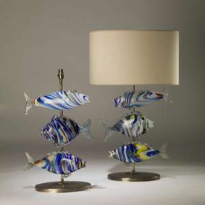 Pair Of Large Murano Glass Blue Fish Lamps On Oval Brass Bases (T4173)
