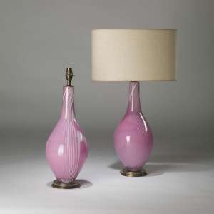 Pair Of Medium Pink & White 'bubblegum' Glass Teardrop Lamps On Round Brass Bases (T4178)