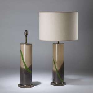 Pair Of Large Cream Brown Glass Lamps With Green Trail On Hexagonal Brass Bases (T4331)