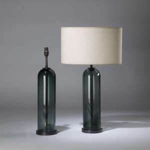 Pair Of Blue Green Grey 'dome' Lamps On Round Dark Bronze Brass Bases (T4364)