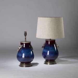 Pair Of Small Blue Purple Berry Ceramic Lamps With Stag Heads On Round Brass Bases (T4402)