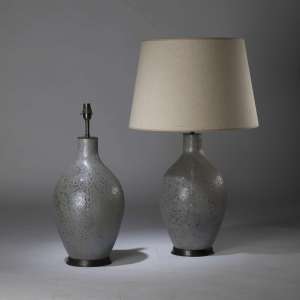 Pair Of Medium Grey Textured Glass Lamps On Round Textured Brown Bronze Bases (T4425)