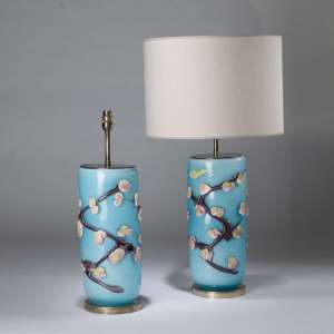 Pair Of Large Blue Glass 'blossom' Lamps On Round Antiqued Brass Bases (T4454)
