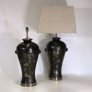 Pair Of Large Black Ceramic Chinoiserie Lamps On Antique Brass Bases (T4624)