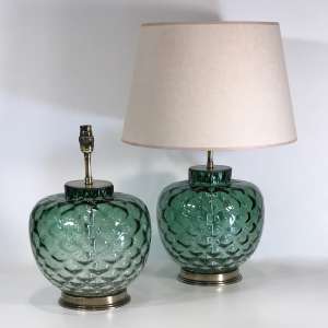 Pair Of Small Green Glass Lamps On Antique Brass Bases (T4648)