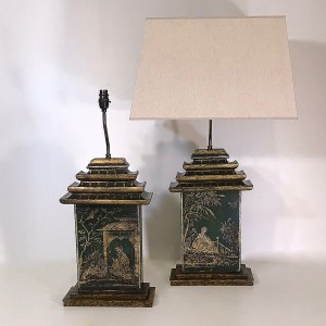 Pair Of Large Gold Green Chinoiserie Painted Wooden Lamps (T4737)