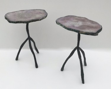 Pair Of 'purple' Agate Side Tables With Textured Wrought Iron Bases (T4830)