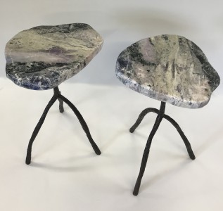 Pair Of Purple/pink/blue Jasper Top Side Tables With Wrought Iron Tripod Bases With Brown Bronze Finish. (T4848)