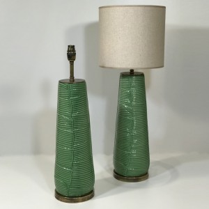 Pair Of Medium Green Ceramic Leaf Lamps On Distressed Brass Bases (T5011)