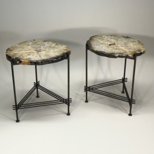 Pair Of Really Good Agate Side Tables With Textured Iron Stretcher Bases With Brown Bronze Bases (T5079)