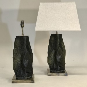 Pair Of Medium Glass 'iceberg' Green Brown Lamps On Antique Brass Bases (T5165)